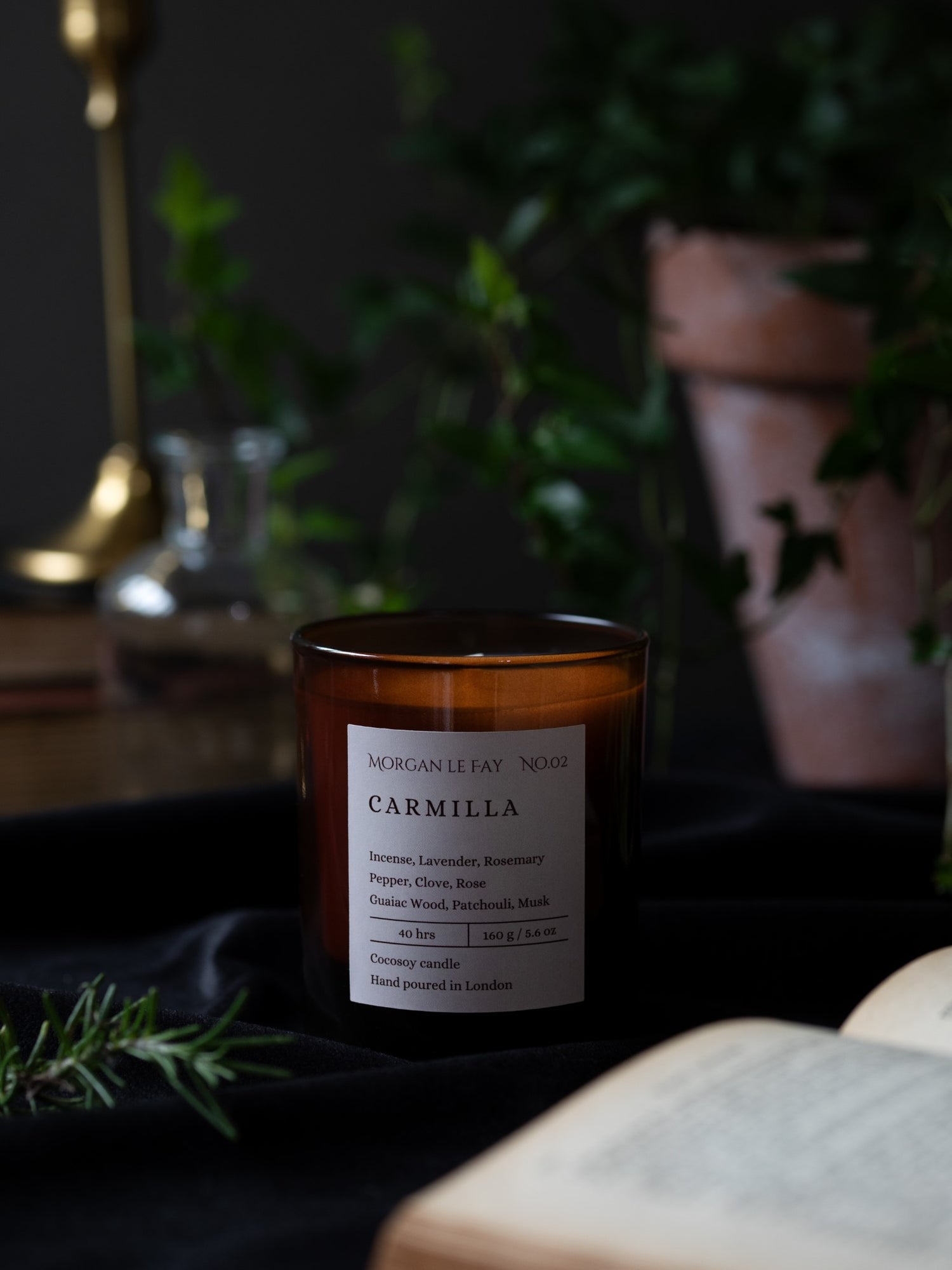 Candle labeled 'Carmilla' by Morgan Le Fay on a dark surface with plants in the background