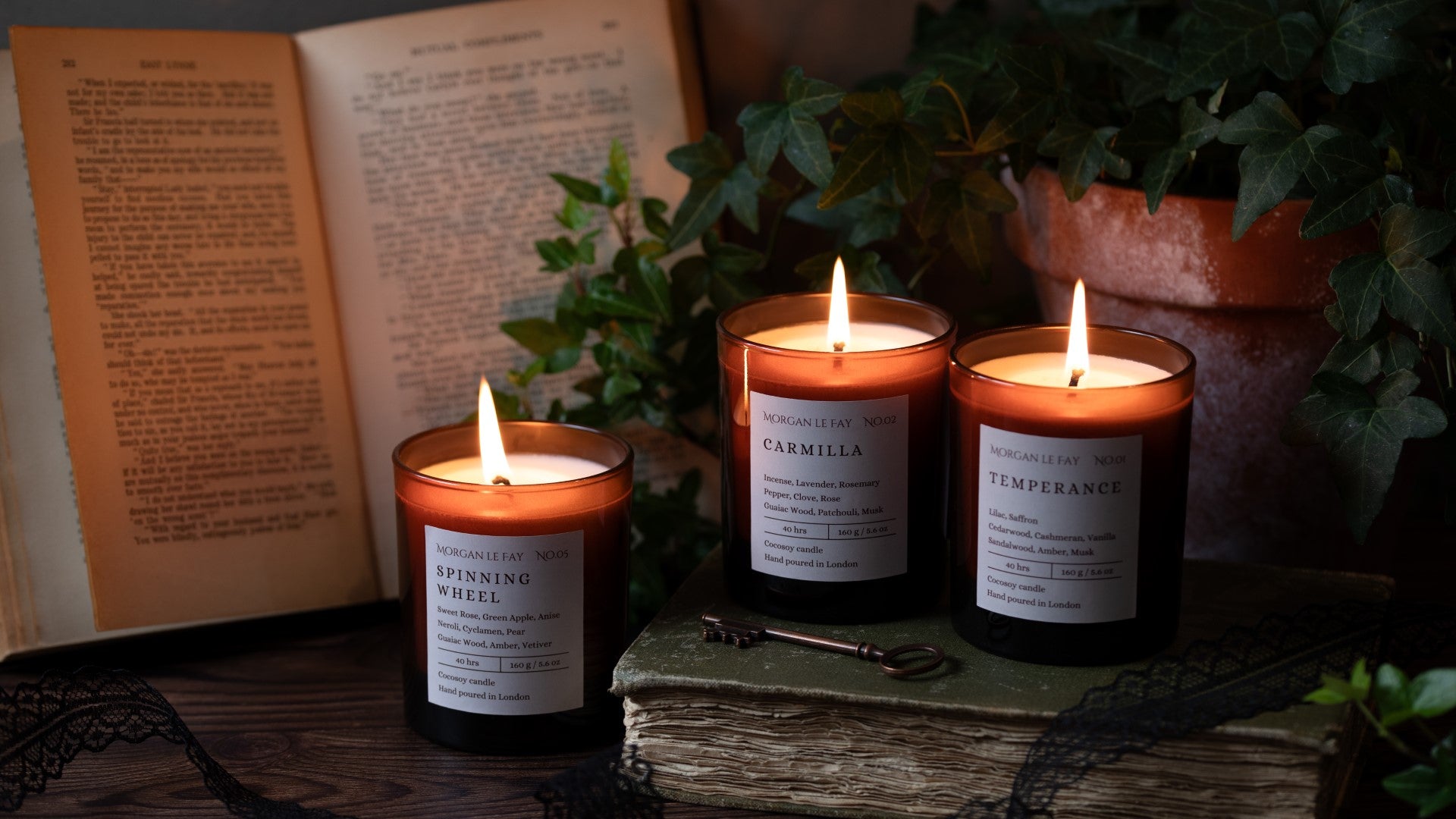 Three lit candles on a wooden surface with an open book and potted plant in the background.
