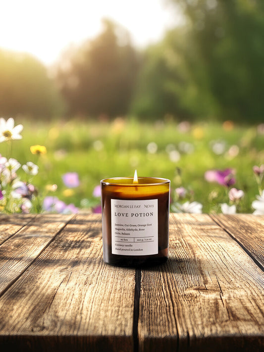 Candle labeled 'Love Potion' on a wooden surface with a blurred meadow background