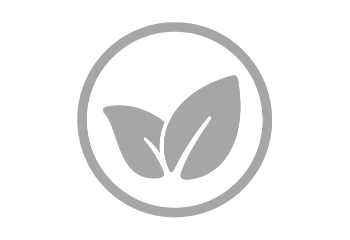 Gray icon of a pair of leaves within a circle 