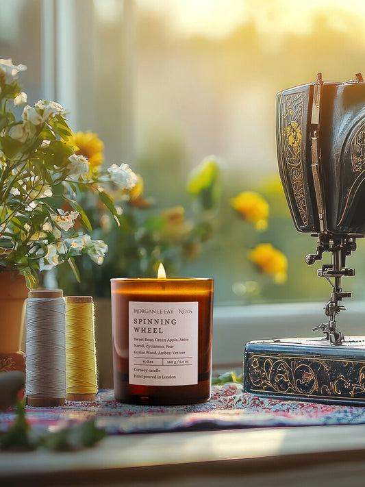 Candle labeled 'Spinning Wheel' next to a vintage spinning wheel with flowers in the background