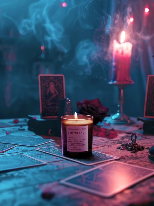 Candle on tarot cards with mystical ambiance