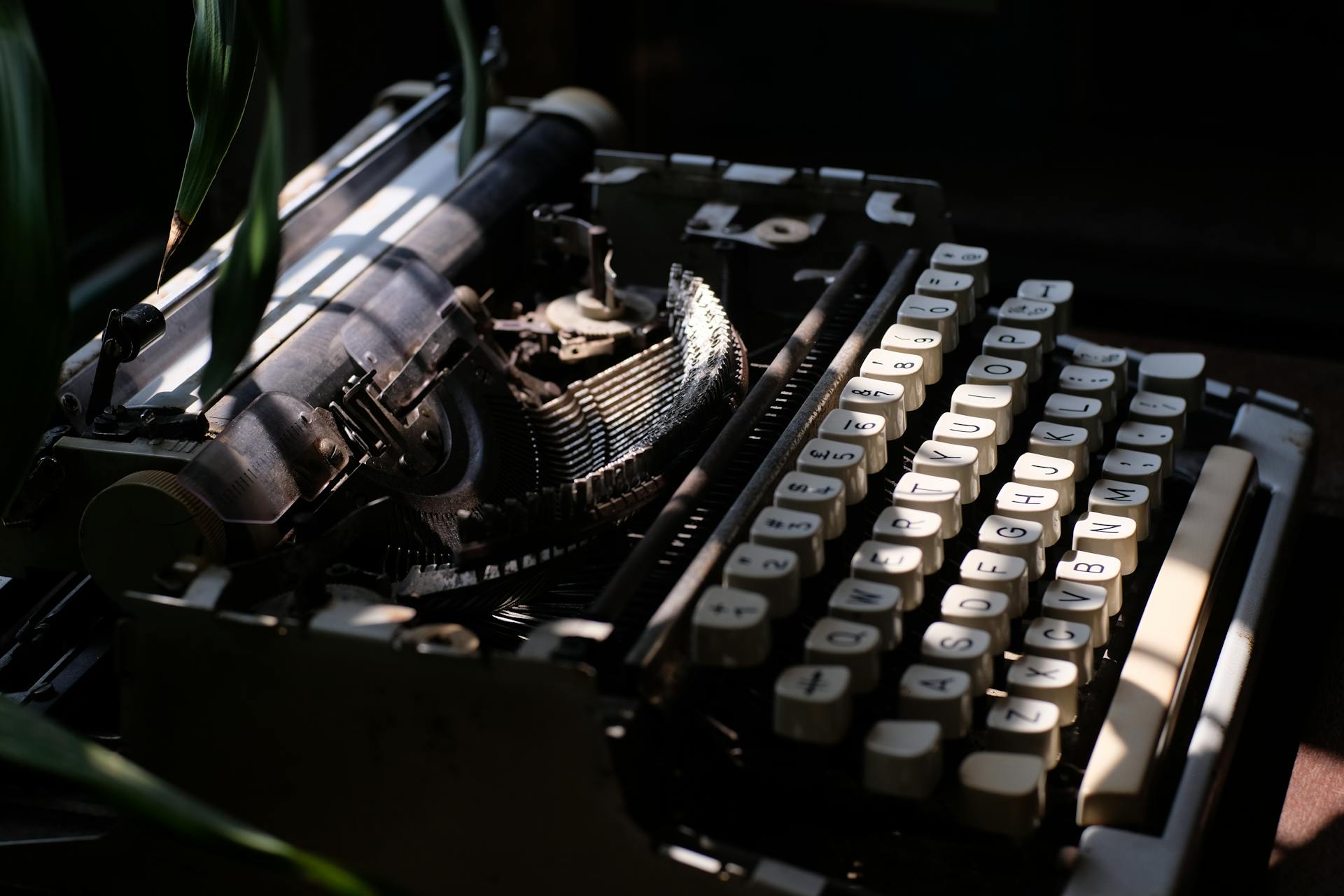 Vintage typewriter with sunlight filtering through, creating a warm glow.