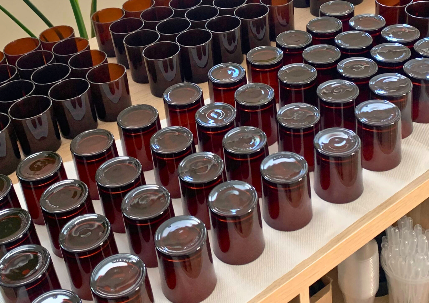 Rows of empty amber candle jars.