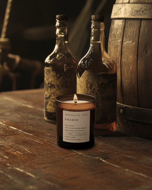 Candle with an amber glass jar labelled "kraken" in front of bottles of rum and a wooden barrel